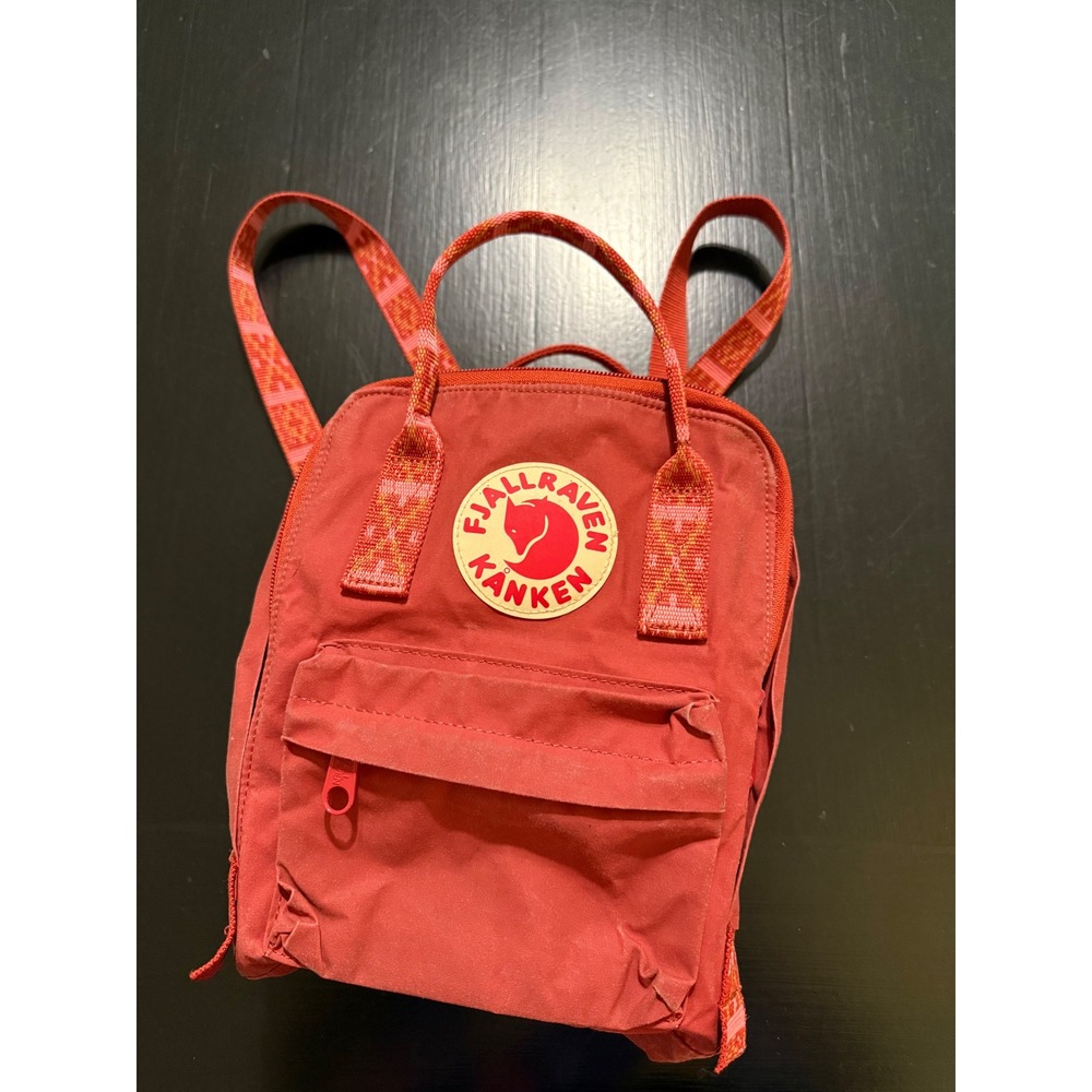 Fjallraven Kanken Mini Backpack Red Patterned Straps Small Daypack